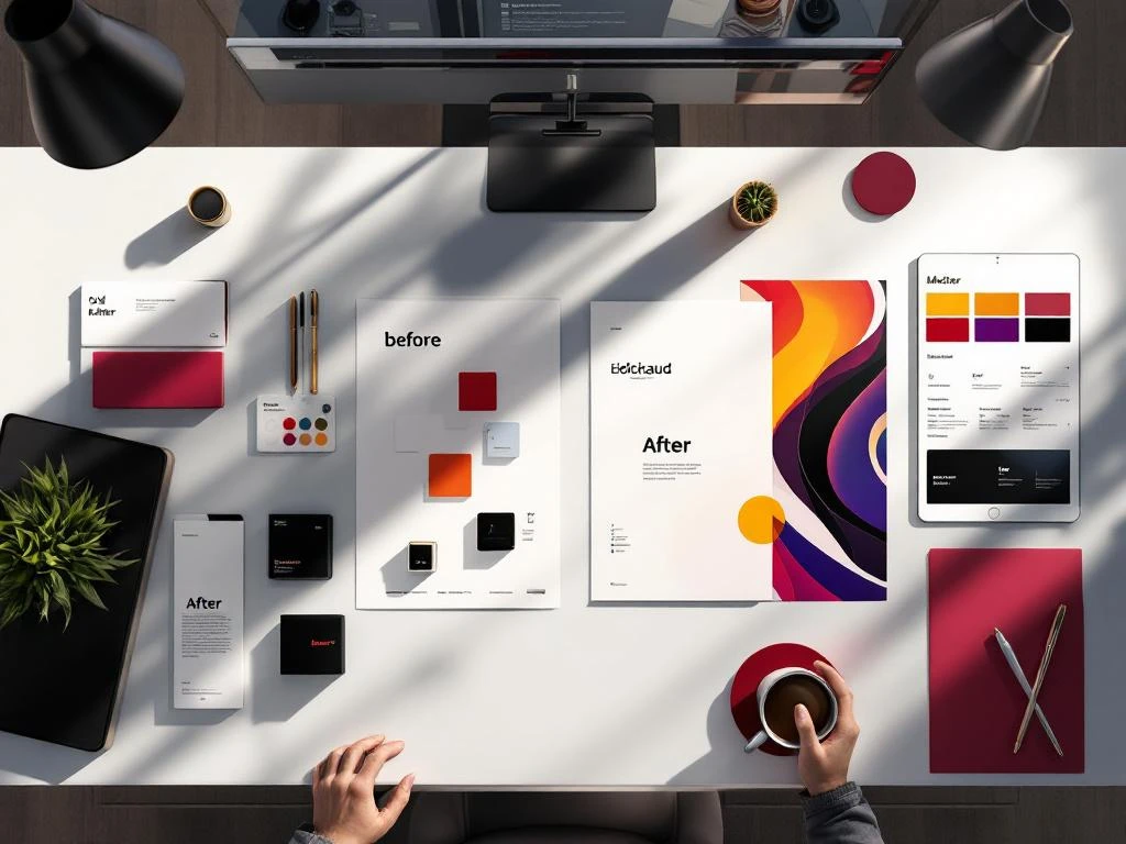 Executive desk with before-and-after brand identity mockups showing transformation from old to modern designs with planning documents.