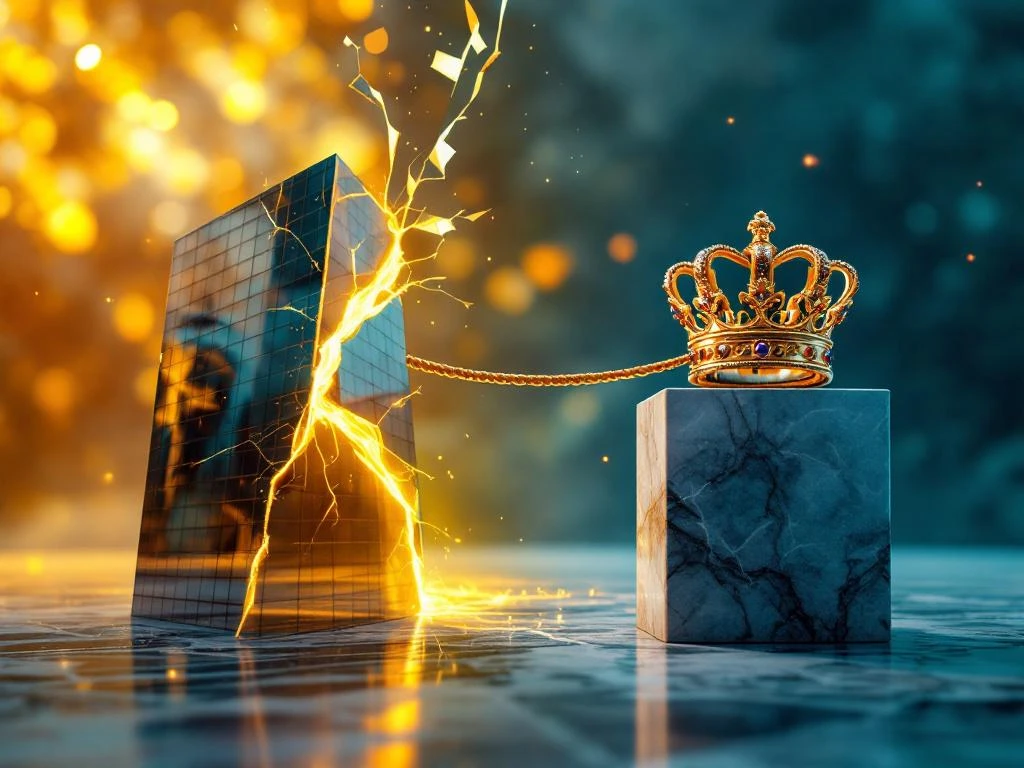 Split-screen showing cracked glass building with golden light versus solid gold crown on marble, connected by golden rope.