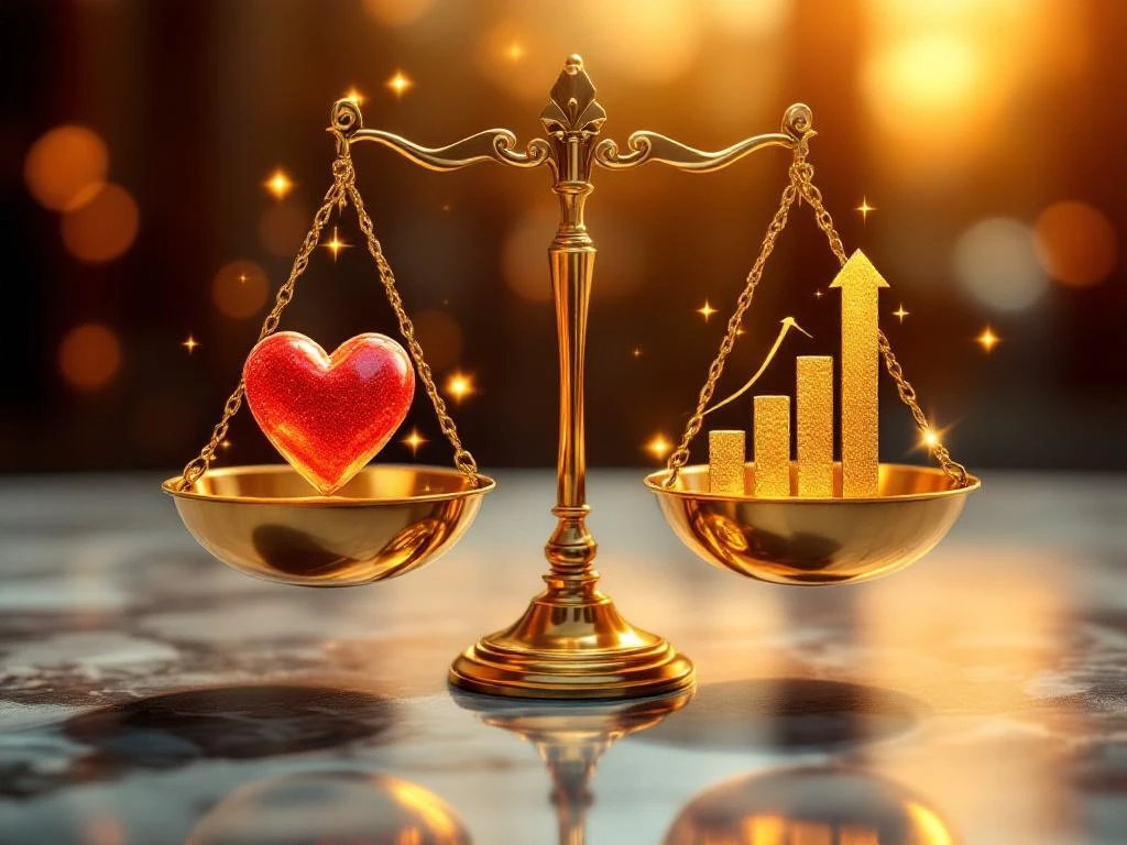 Golden scales balancing red heart symbol against ascending bar charts and currency symbols on marble surface with dramatic lighting.