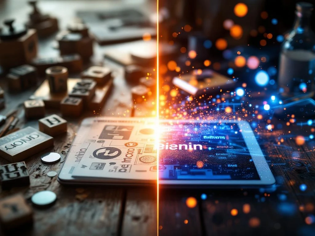 Split-screen showing traditional branding tools like letterpress blocks transitioning to modern digital design on glowing tablet