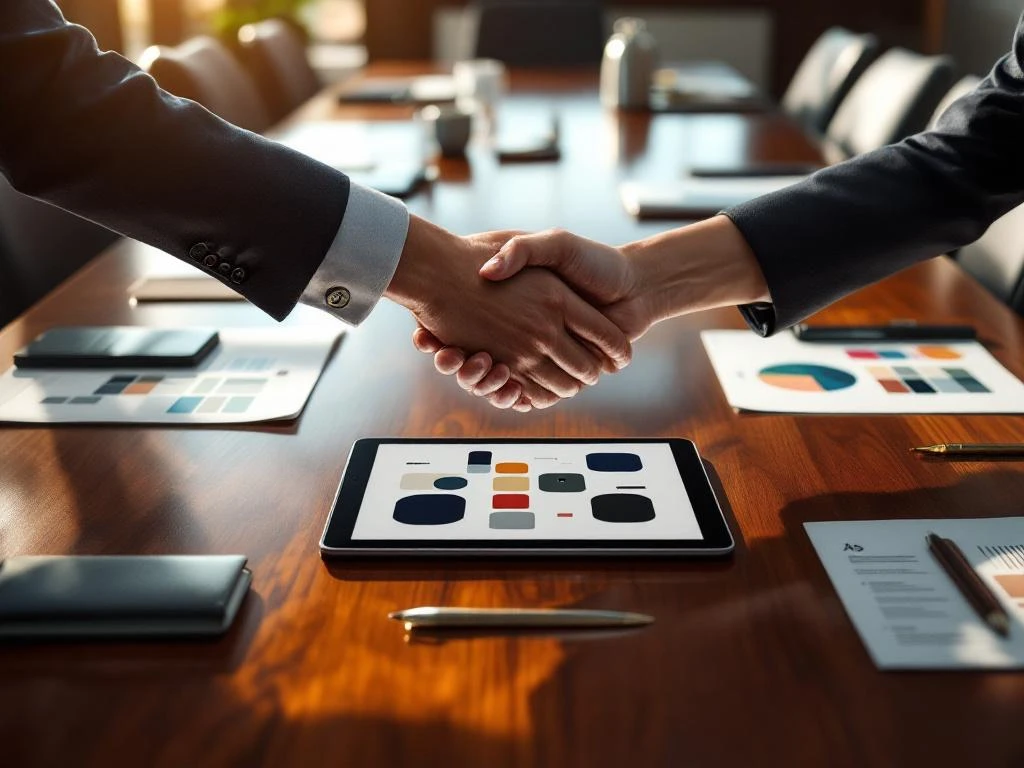 Business handshake over tablet in boardroom with brand portfolios and planning documents on mahogany conference table