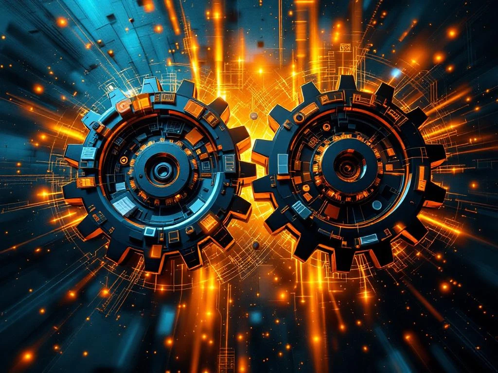 Two interlocking gears in golden light showing business transformation from traditional charts to modern digital brand elements