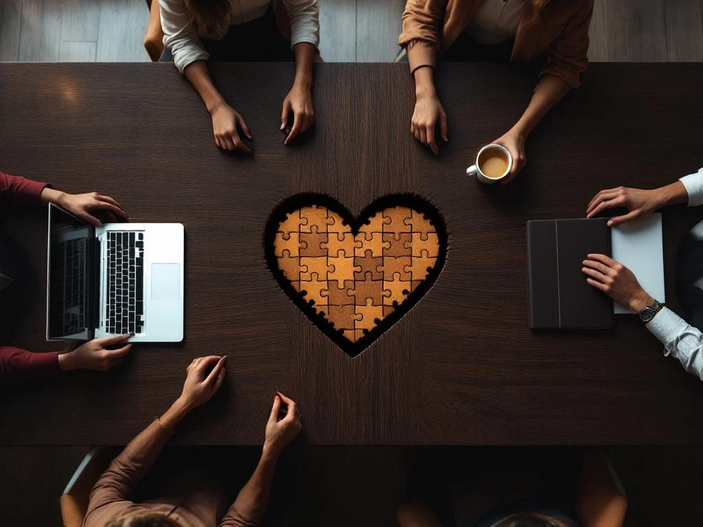 Conference table overhead view showing agency laptops and client documents with wooden heart-shaped puzzle pieces symbolizing partnership