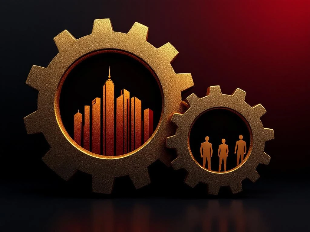 Two interlocking gold and crimson gears with corporate buildings and employee figures, representing business integration.