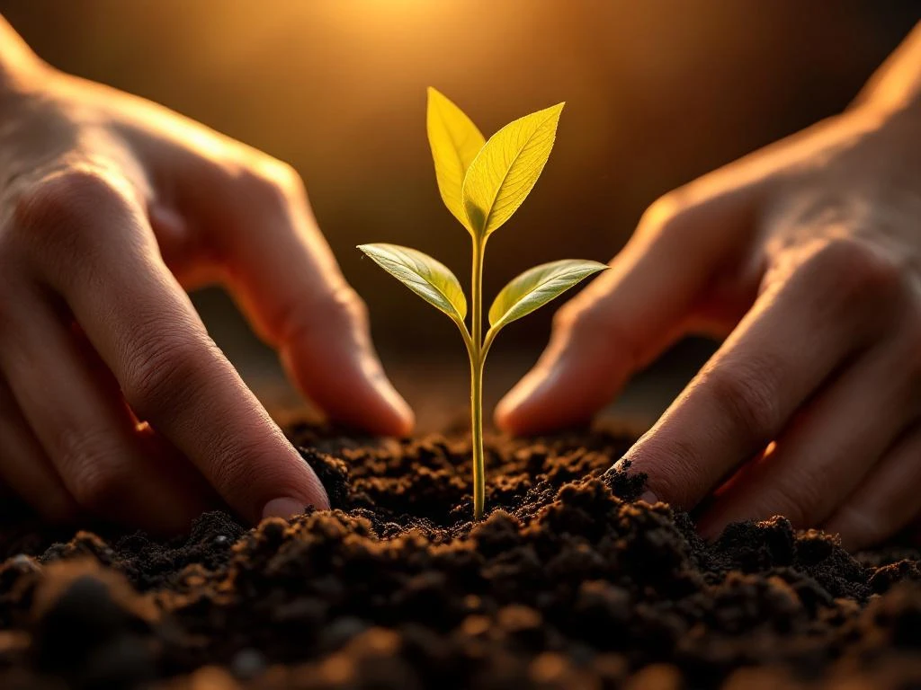Hands planting golden crown-shaped seedling in rich soil with warm lighting and burgundy corporate background