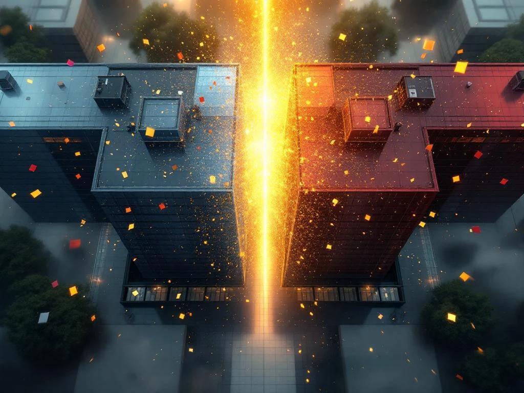 Aerial view of two corporate office buildings merging with golden light at fusion point, symbolizing brand integration.