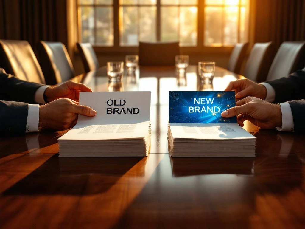 Businessman's hands gesturing between old gray brand documents and new vibrant blue-gold materials on mahogany boardroom table