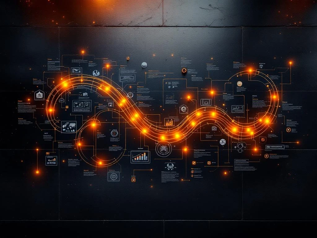 Aerial view of golden customer journey map pathway transforming from weathered to polished sections with glowing touchpoints and data visualizations on dark surface