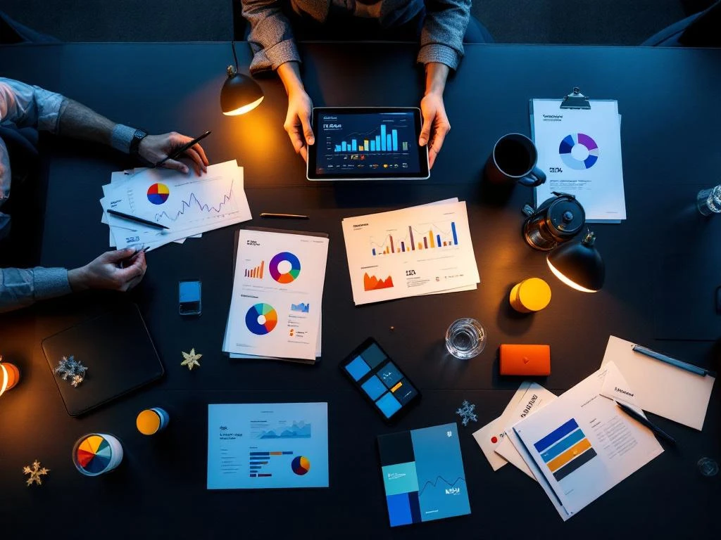 Modern boardroom table with data charts, analytics reports, brand materials, and digital tablet displaying business metrics