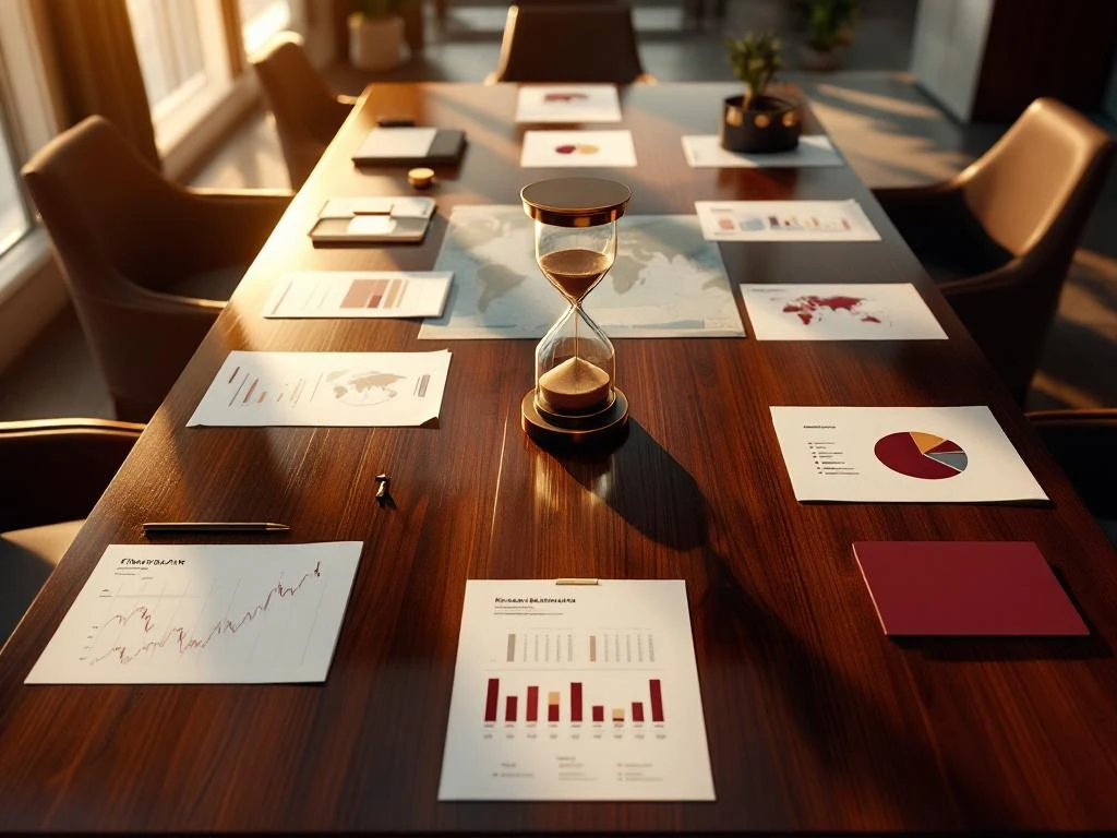 Executive boardroom table with calendars, charts, world maps, and hourglass symbolizing time management and global rebranding.
