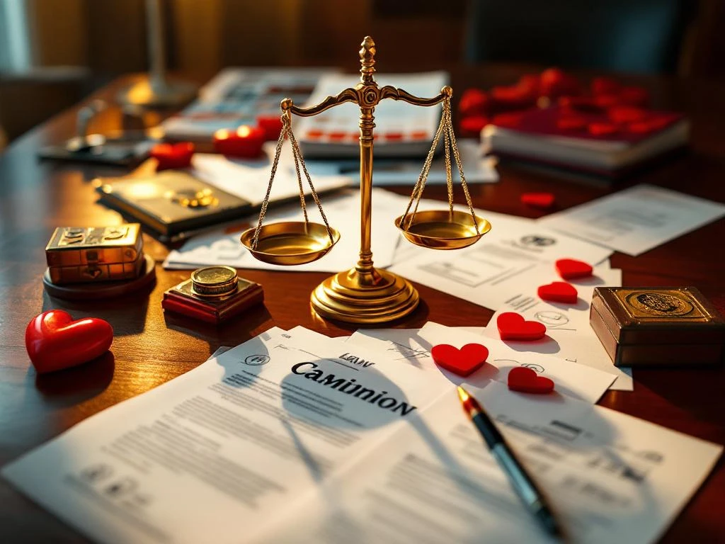 Golden scales of justice on mahogany boardroom table surrounded by legal documents, compliance folders, and brand identity materials with heart-shaped paperweights.