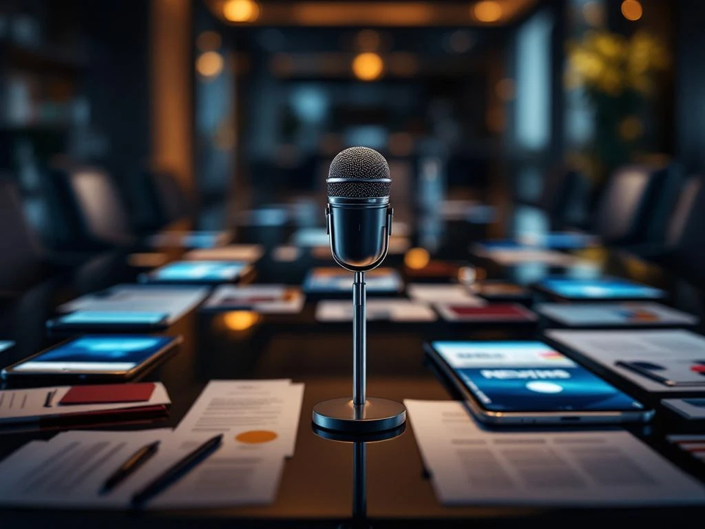 Conference room with smartphones and tablets displaying news headlines, surrounded by press materials and microphone on polished table.