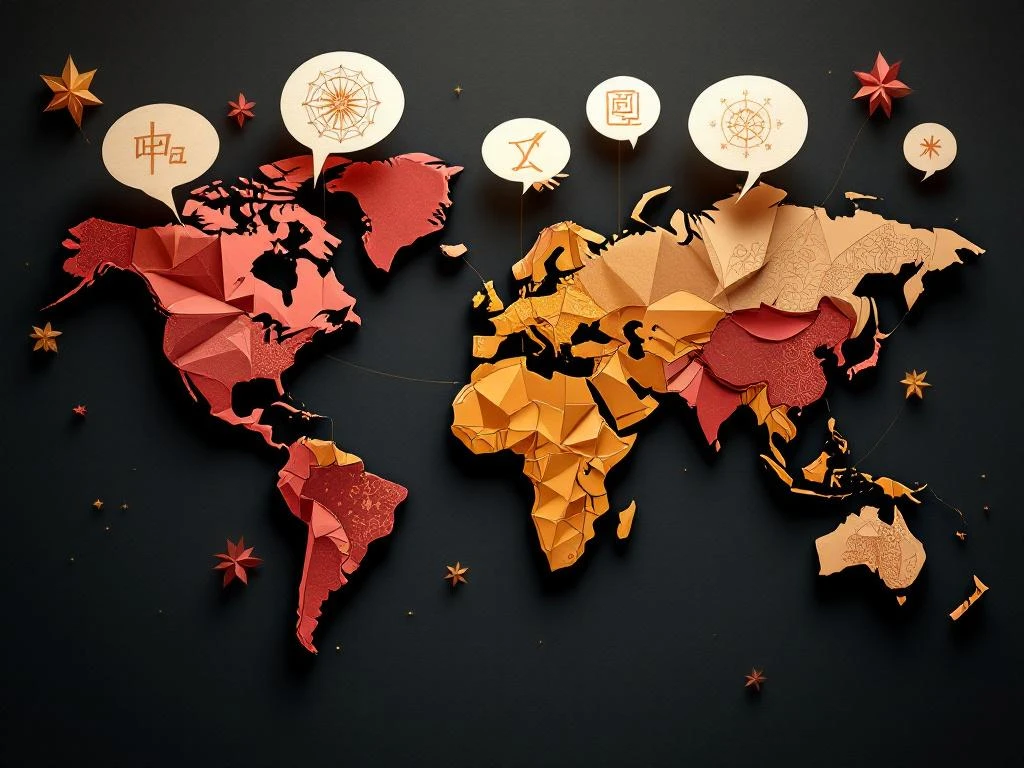 Paper origami world map with cultural patterns in burgundy and gold, connected by golden threads to floating speech bubbles with language symbols