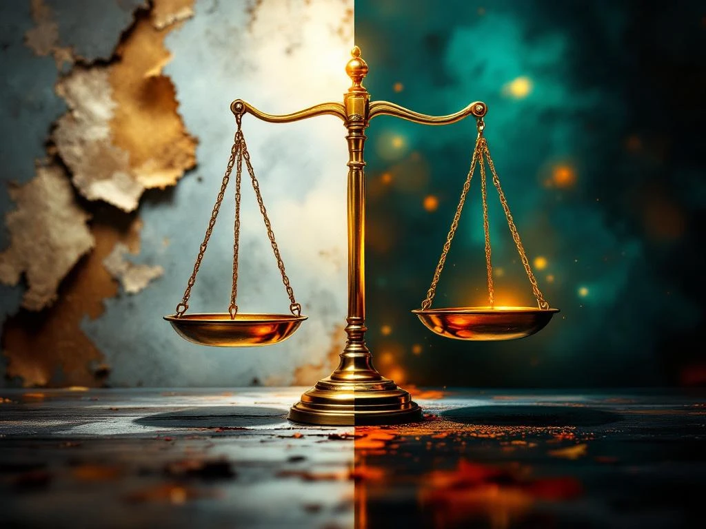 Split-screen comparison of weathered old brand identity versus vibrant new brand transformation with golden balance scale