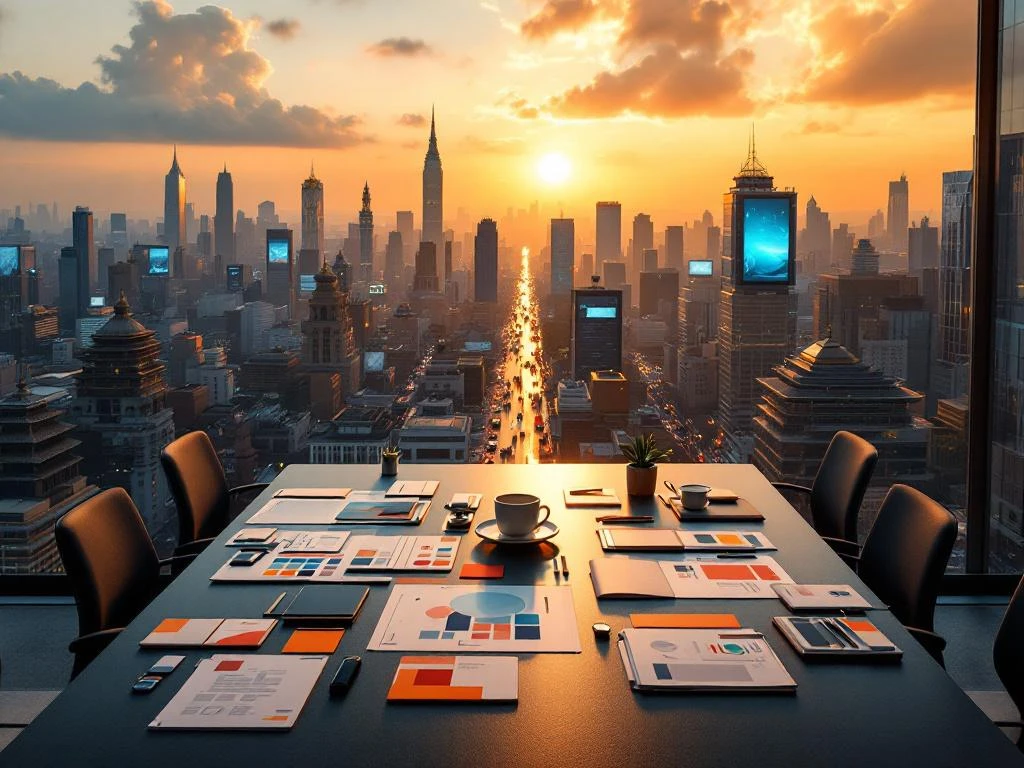 Aerial view of emerging market city at sunset with traditional and modern buildings, conference table with brand identity materials in foreground.