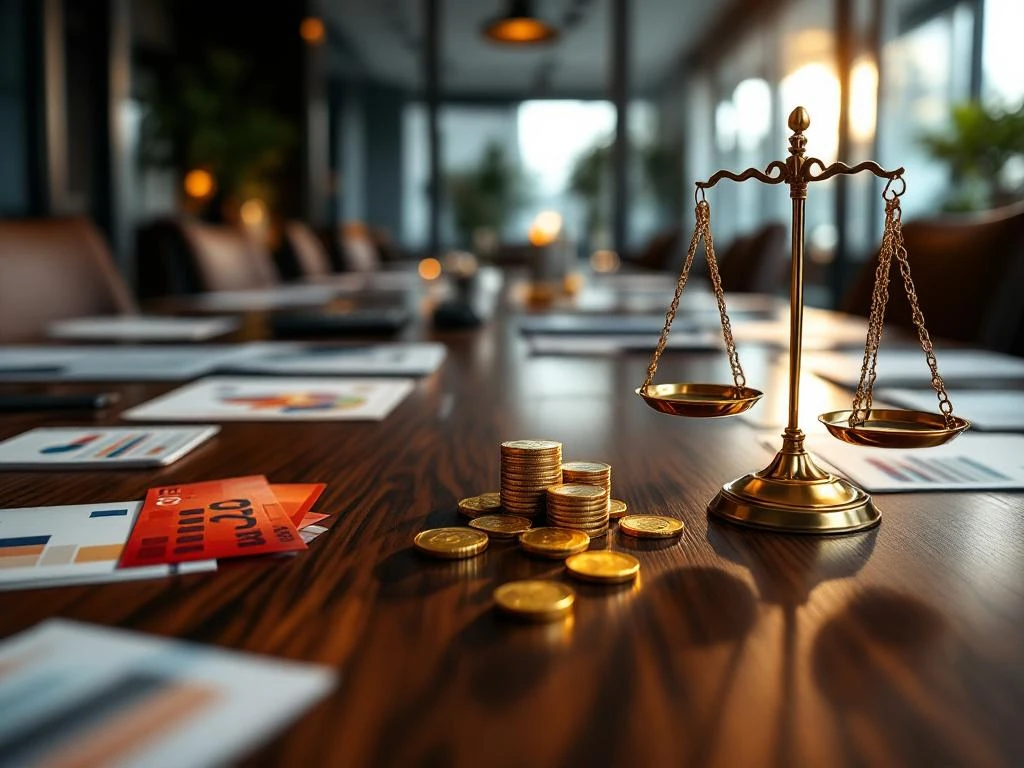 Mahogany conference table with financial documents, calculator, coins, and euro bills alongside miniature scale balancing design elements and budget charts in modern office