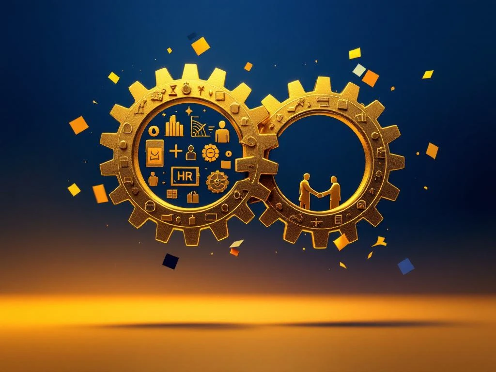 Two golden interlocking gears with marketing and HR symbols floating against blue-to-amber gradient background during rebranding.
