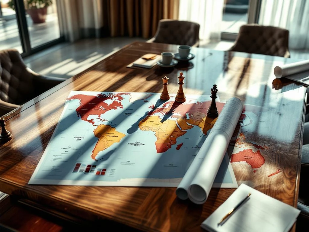 Boardroom table with global rebranding strategy map, heart-shaped chess pieces marking market phases, blueprints nearby