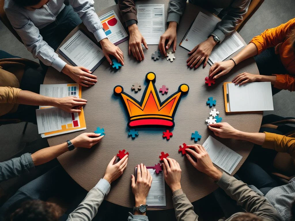 Diverse hands collaboratively assembling colorful puzzle pieces forming crown logo on conference table with brand materials