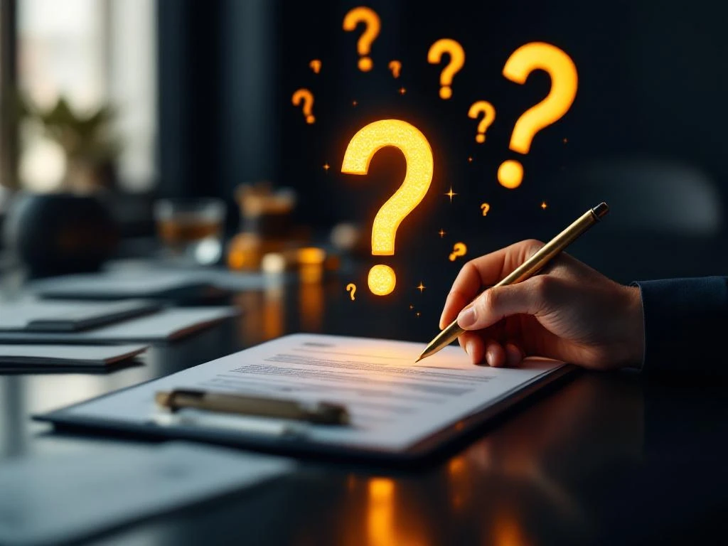 Hands holding clipboard with golden question marks above on dark navy background with scattered business documents