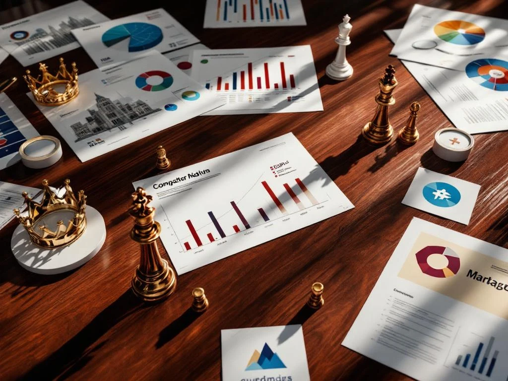 Aerial view of mahogany conference table with competitor analysis documents, chess pieces, blueprints, and magnifying glasses.