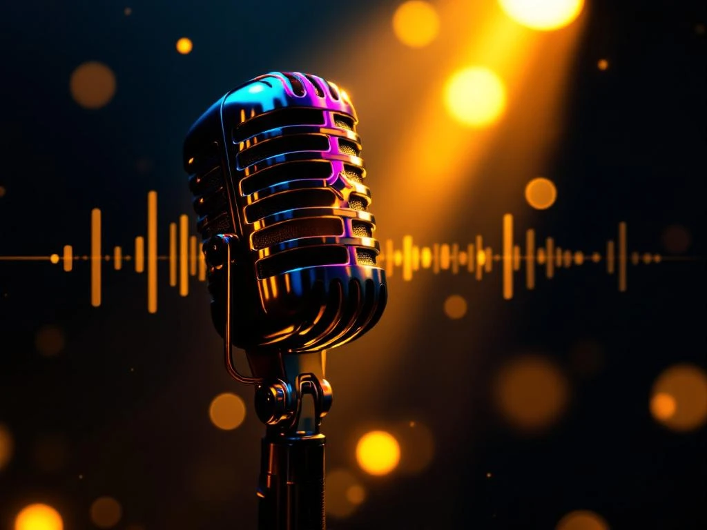 Vintage microphone in dramatic golden lighting with royal blue and gold accents against dark background with sound waves