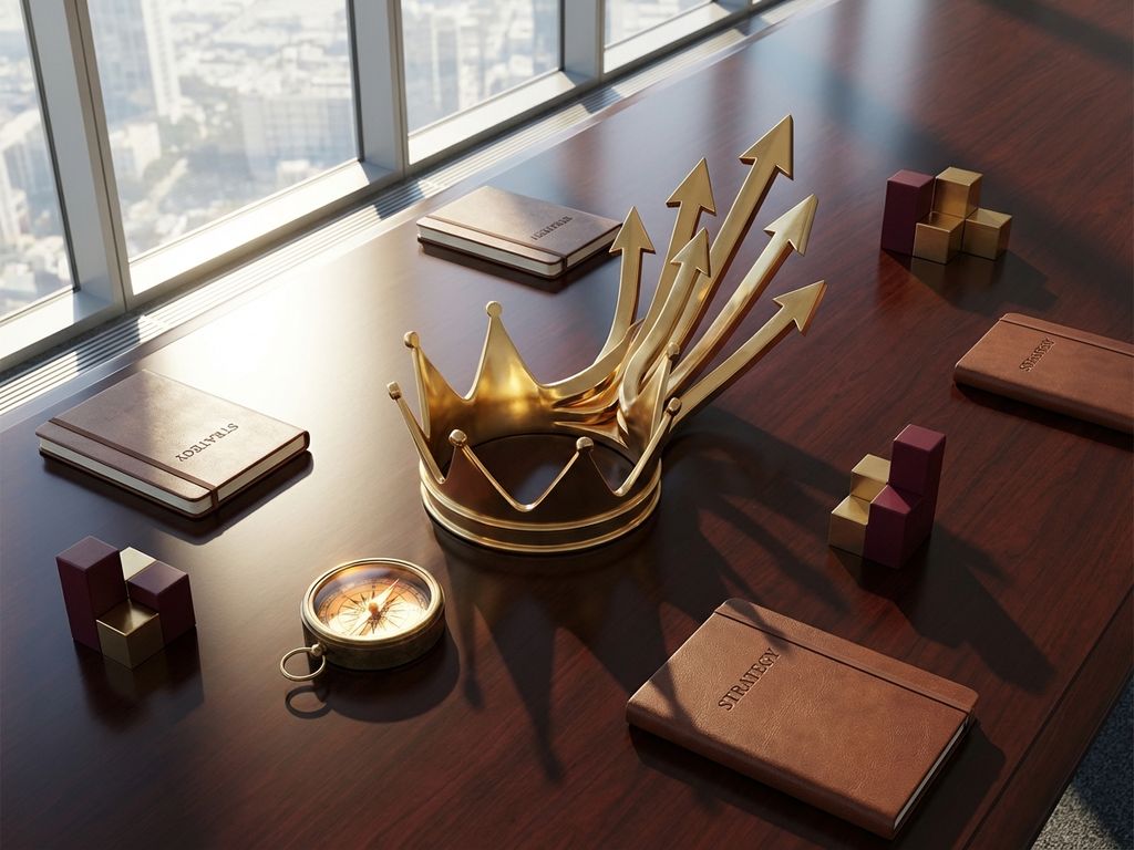 Golden crown centerpiece with upward arrows on modern boardroom table surrounded by business strategy documents and compass