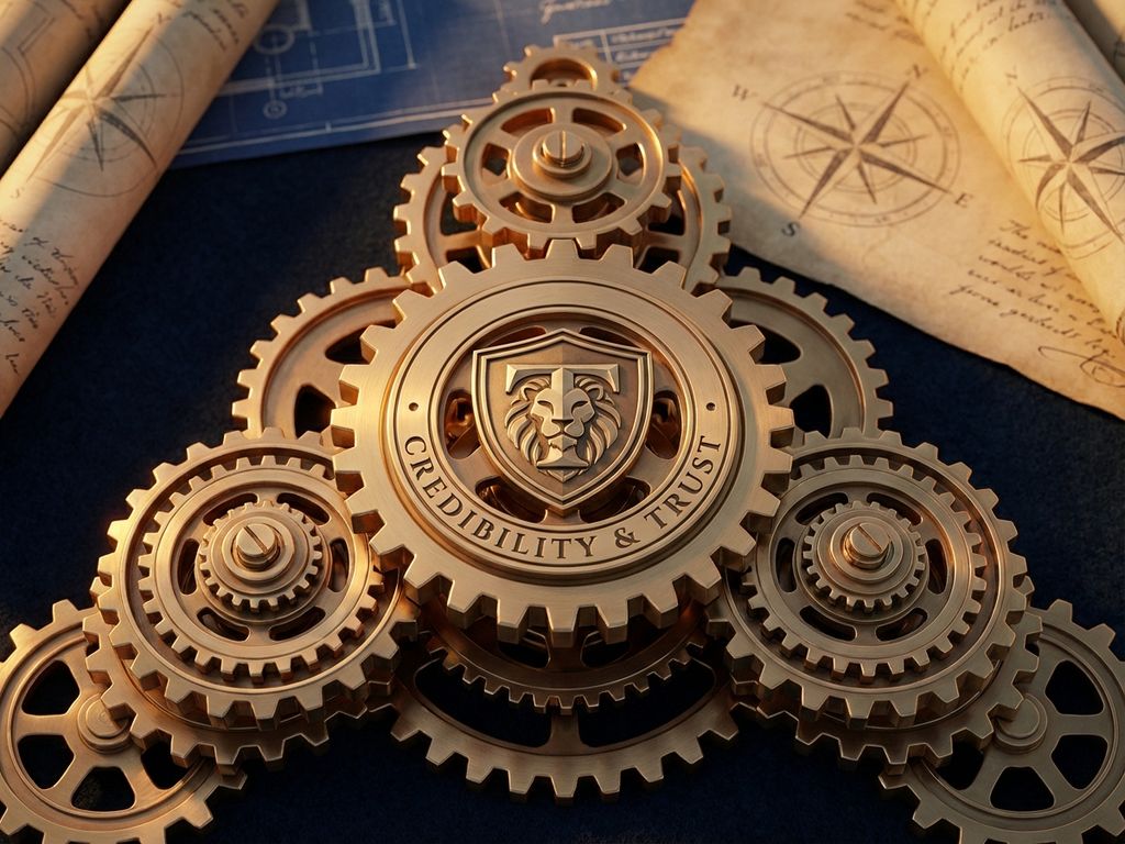 Golden gears arranged in pyramid formation with central shield emblem against navy background, symbolizing strategic brand architecture.