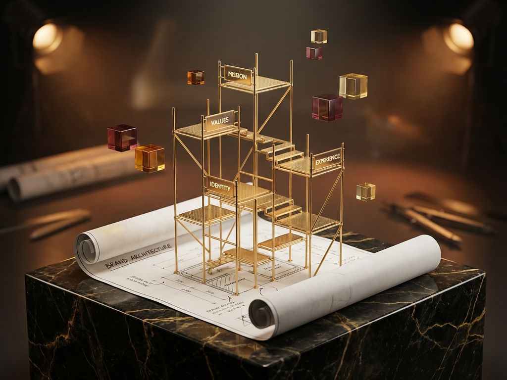 Golden scaffolding structure rising from marble base with architectural blueprint, burgundy and gold tones, dramatic lighting