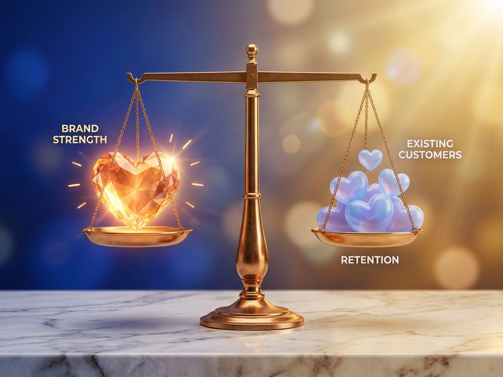 Golden balance scale with glowing amber heart on one side and blue translucent hearts on other, symbolizing brand-customer equilibrium.