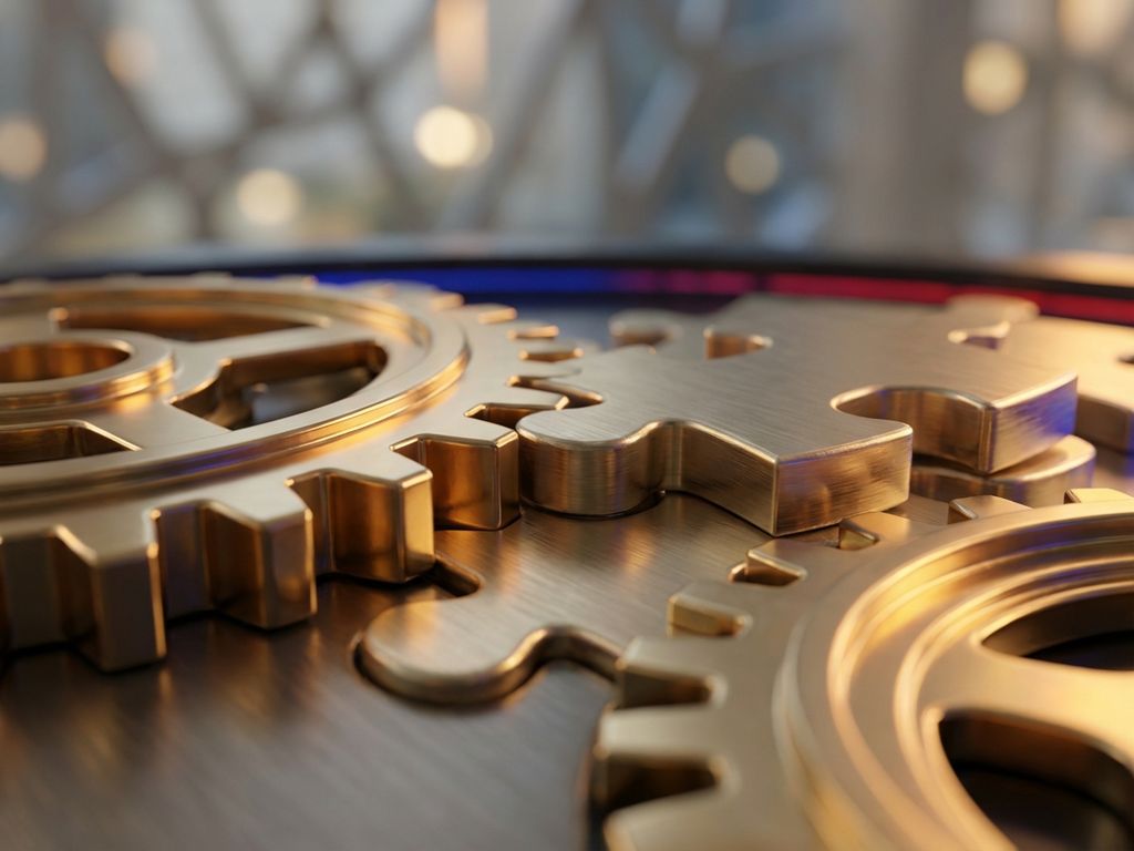 Golden gears and puzzle pieces interlocking together with blue and red accents, representing brand consistency and alignment.