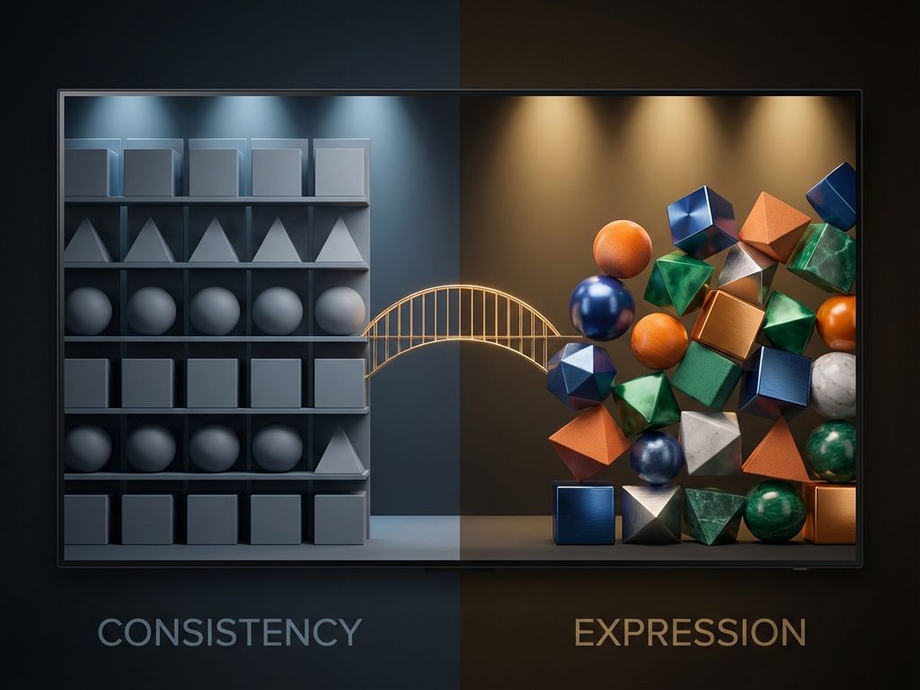 Split-screen showing gray geometric shapes in rigid rows versus colorful dynamic arrangements connected by golden bridge.