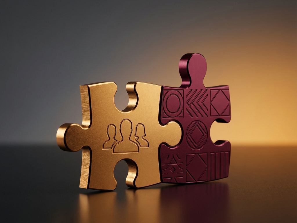 Two interlocking puzzle pieces in gold and burgundy connecting against gradient background, symbolizing brand-customer partnership