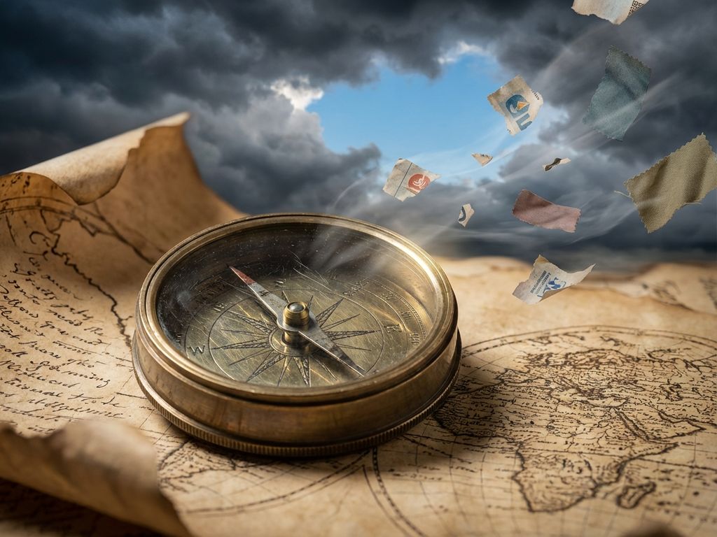 Weathered brass compass on aged maps with wavering needle, storm clouds clearing to blue sky, scattered brand elements