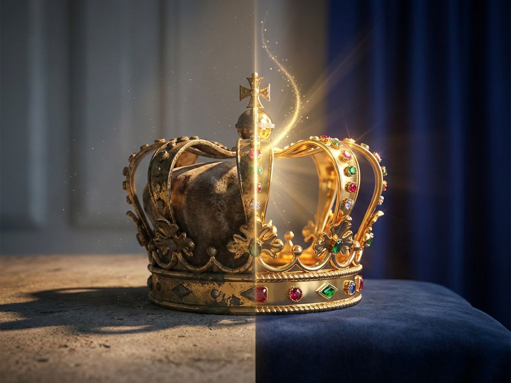 Two crowns showing brand transformation: weathered, tarnished crown on left contrasts with brilliant, gem-studded crown on right.