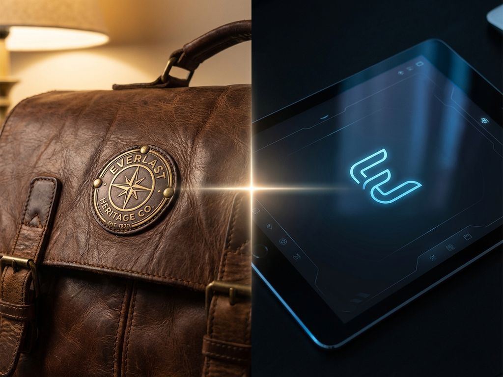 Split-screen showing vintage brand logo on weathered leather transitioning to modern digital interface, symbolizing evolution.
