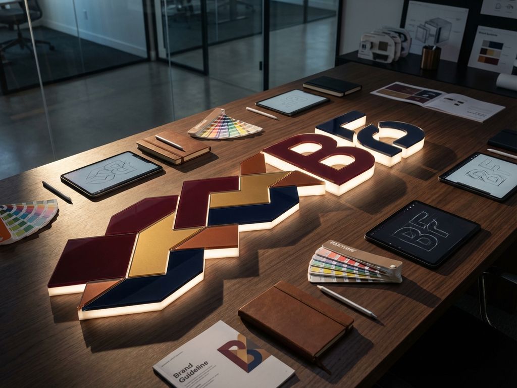 Dynamic geometric shapes in burgundy, gold, and navy morphing across workspace with design tools showing brand flexibility concept.