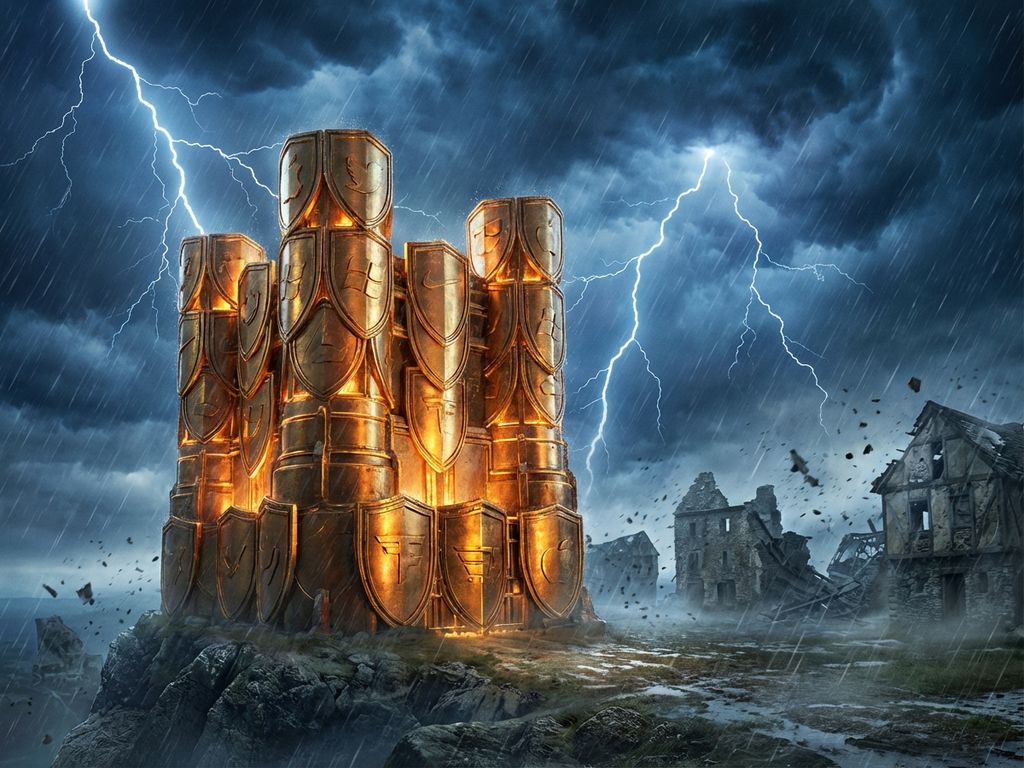 Golden fortress made of interlocking brand shields stands strong against stormy sky with lightning and dark clouds.