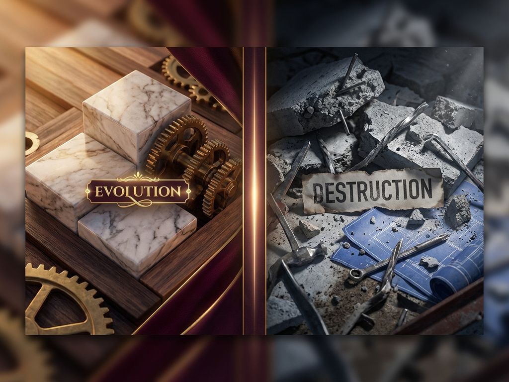 Split-screen showing polished brand foundation blocks in golden light versus chaotic renovation debris with scattered tools