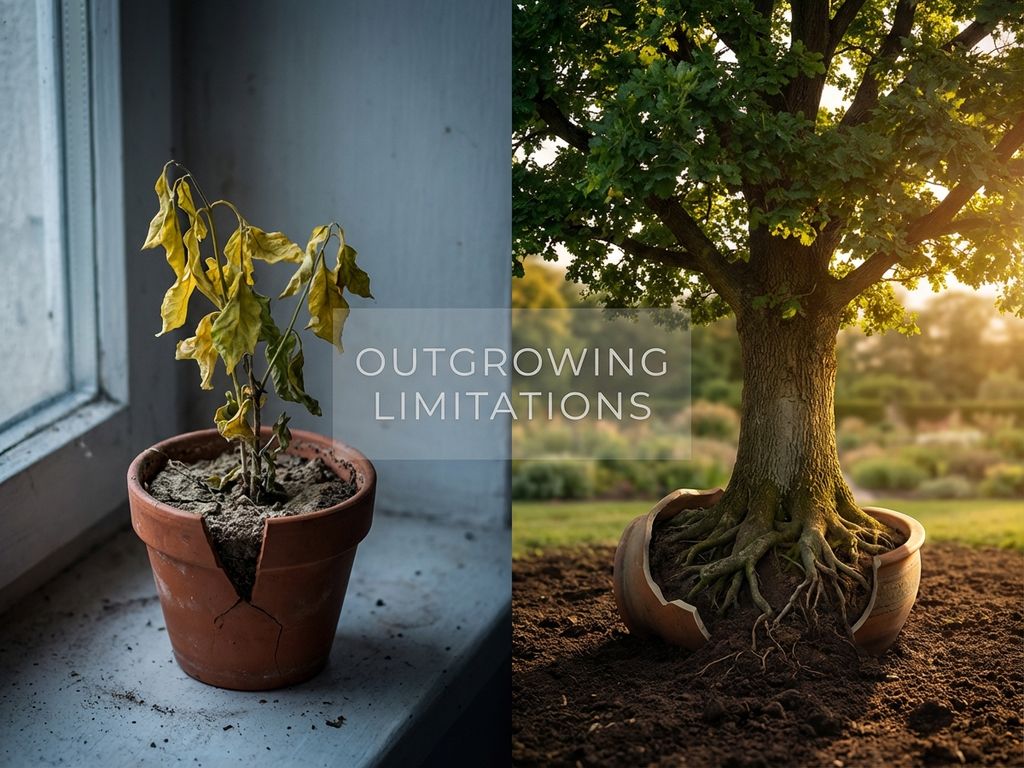 Split-screen showing withered plant in small pot versus thriving tree in fertile soil, illustrating business growth metaphor.
