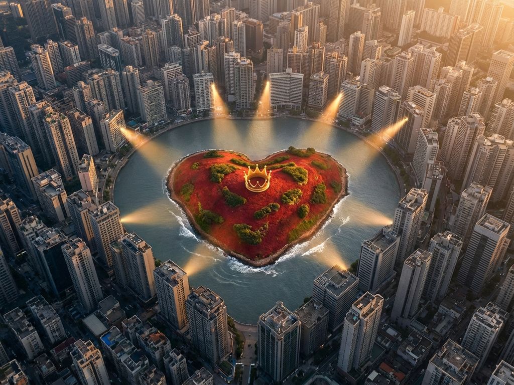Red heart-shaped island with crown surrounded by gray corporate buildings in golden hour lighting from aerial view