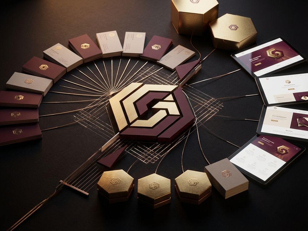 Brand identity system with geometric logo at center expanding into business cards, packaging, and screens in burgundy and gold spiral