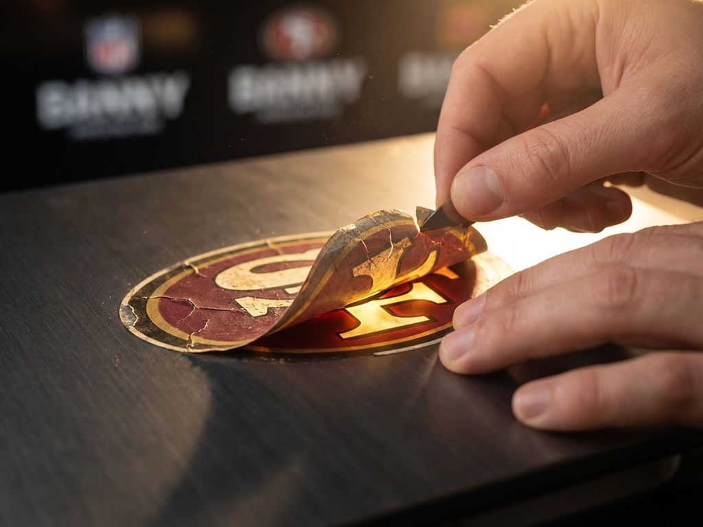 Hands peeling away weathered brand logo revealing vibrant new design underneath with dramatic burgundy and gold lighting