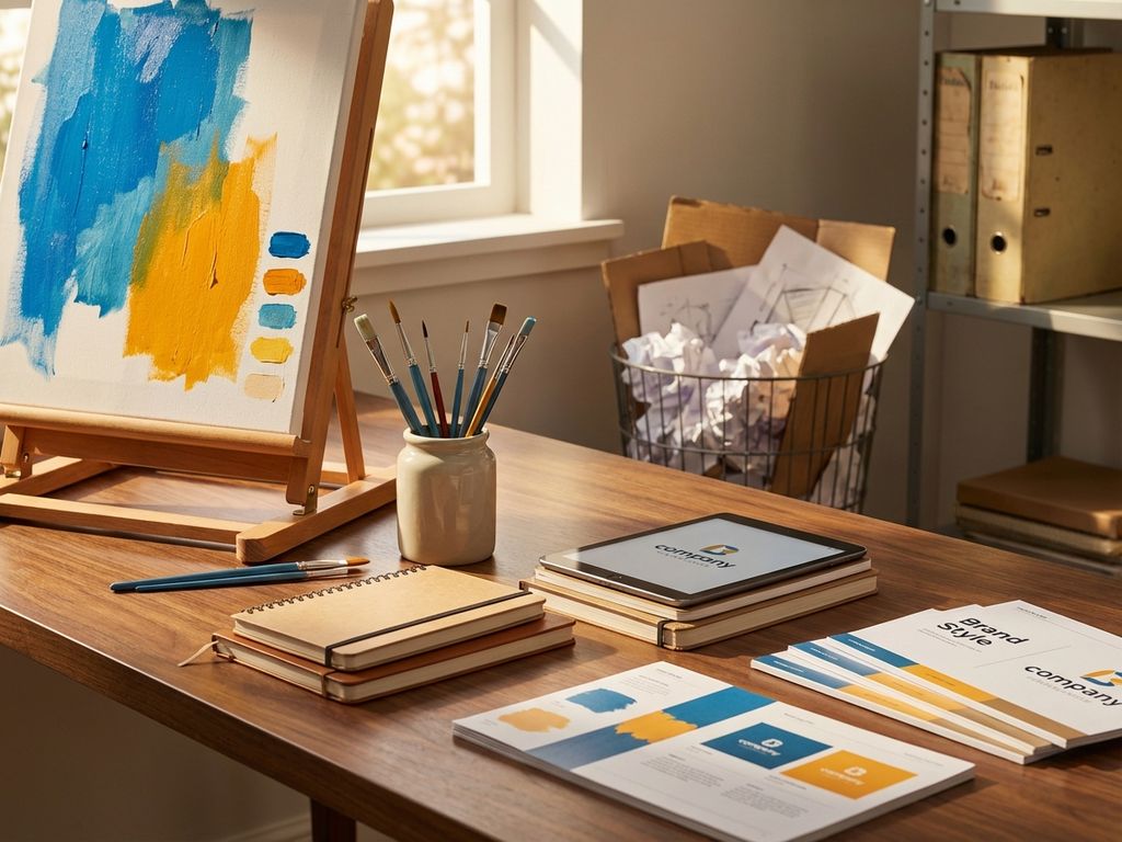 Wooden table with partially painted canvas in brand colors, surrounded by design tools, color swatches, and sketches.