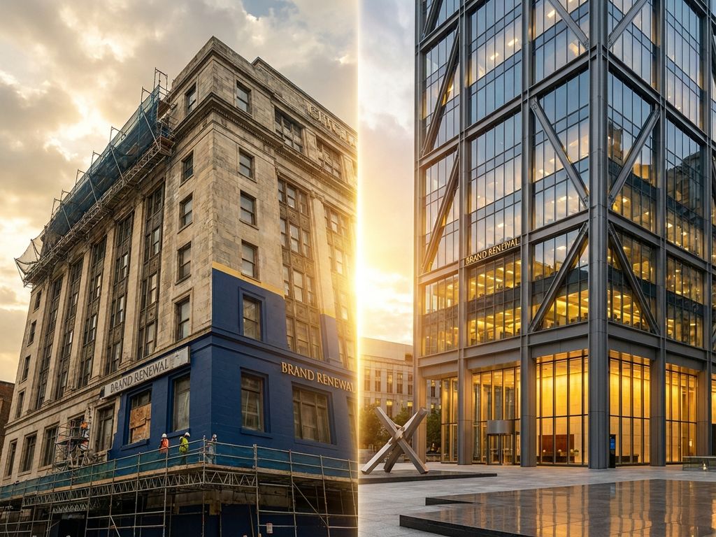Split-screen business buildings: weathered corporate facade with renovation scaffolding on left, modern reinforced office building on right.