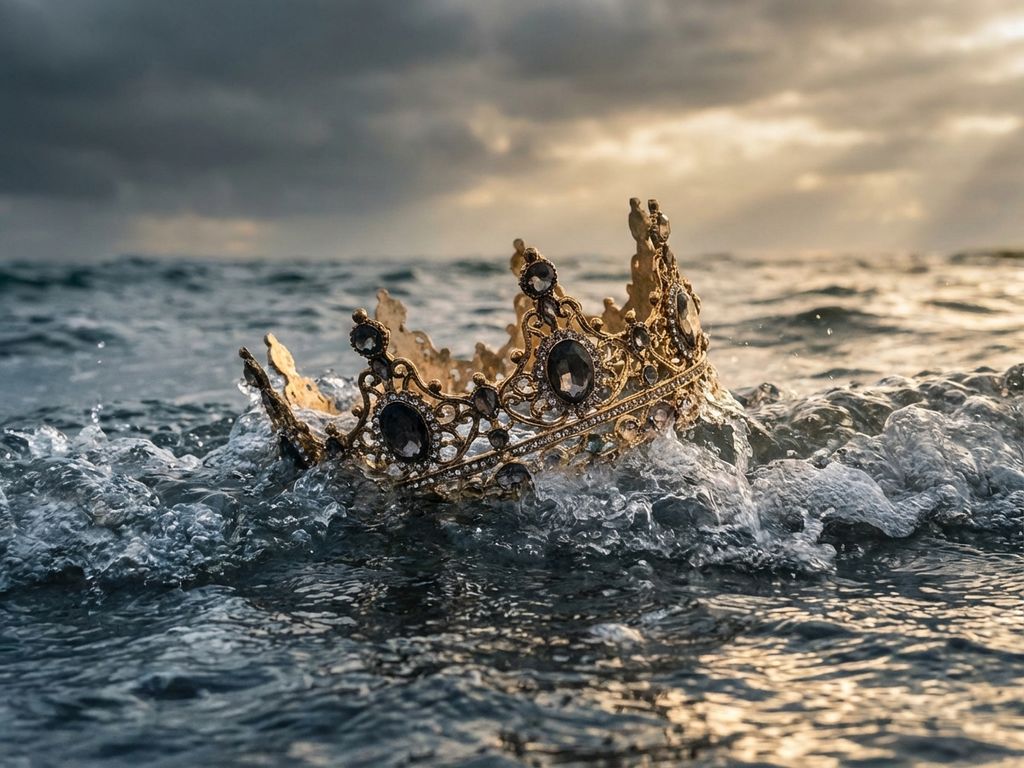 Golden crown with gleaming jewels partially submerged in dark turbulent waters with dramatic lighting and reflections