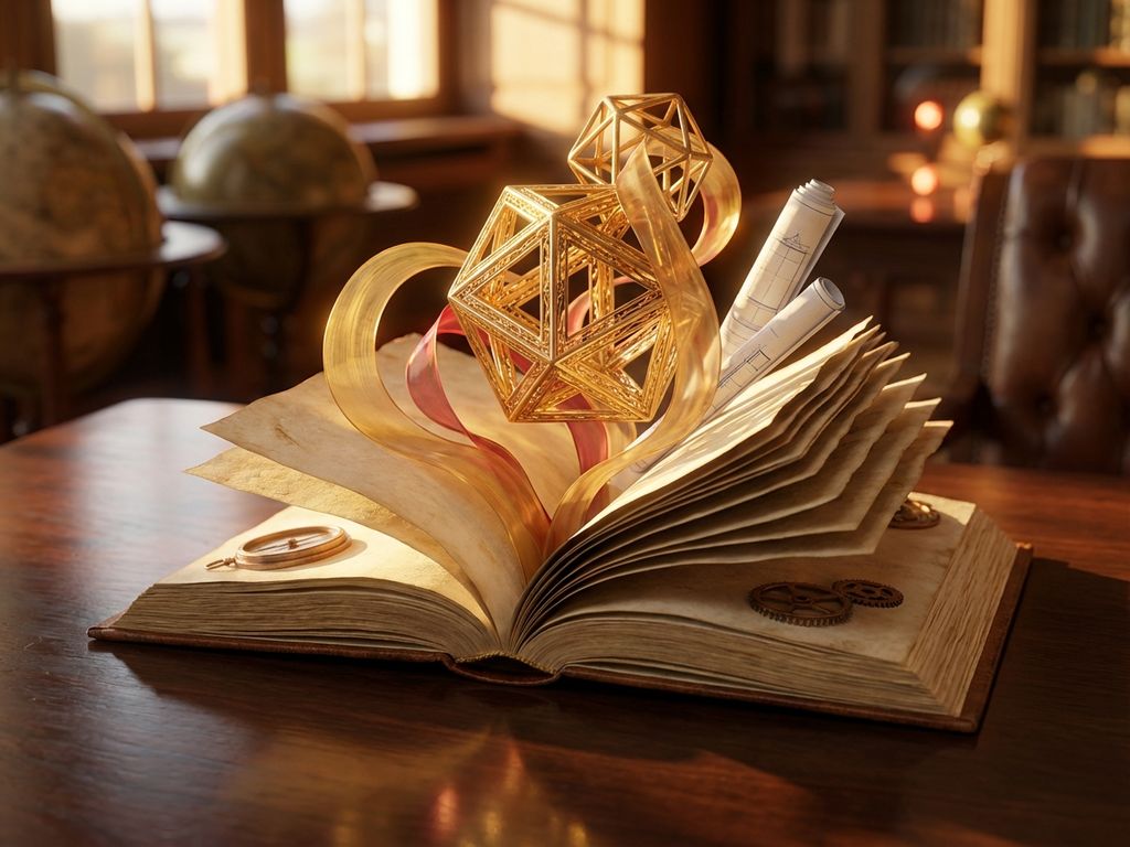 Open leather-bound book with 3D golden shapes and blueprints emerging from pages on dark wood surface with warm lighting