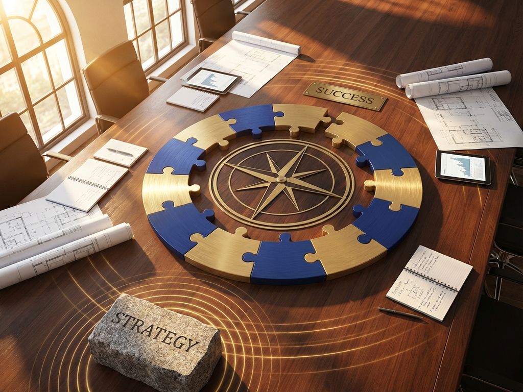 Aerial view of wooden conference table with compass, blue and gold puzzle pieces, strategy documents, and foundation stone with dramatic lighting.