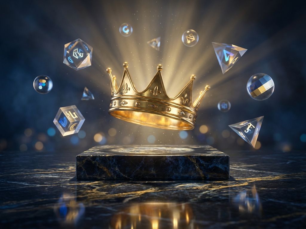 Golden crown floating above marble pedestal with light rays and geometric shapes containing brand symbols in blue and gold lighting.