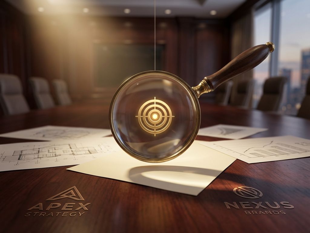 Magnifying glass focusing on golden target symbol over strategic documents on wooden conference table in boardroom
